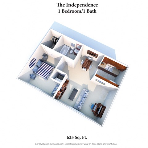 Floor plan for 1 bed, 1 bath, 625 sqft
